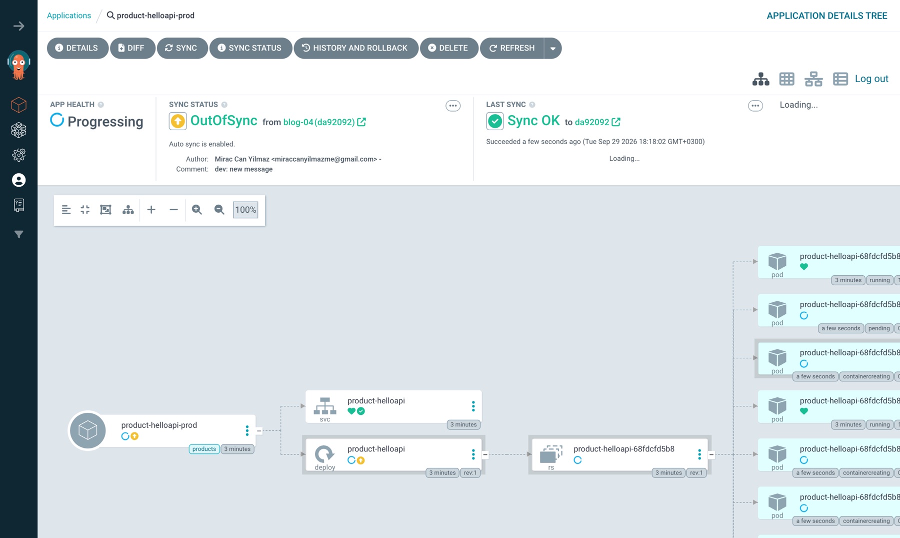 kubectl scale'den 0.7 saniye sonra: product-helloapi-prod OutOfSync ve Progressing, yeni pod'lar oluşuyor