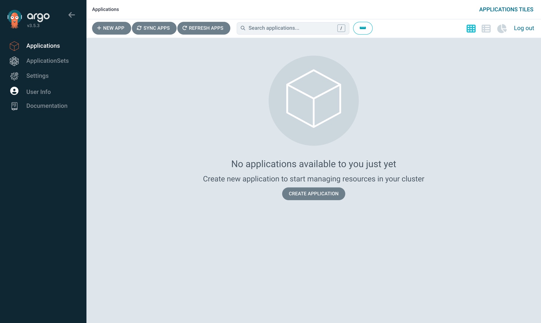 Bootstrap'tan önce Argo CD Applications sayfası: "No applications available to you just yet"