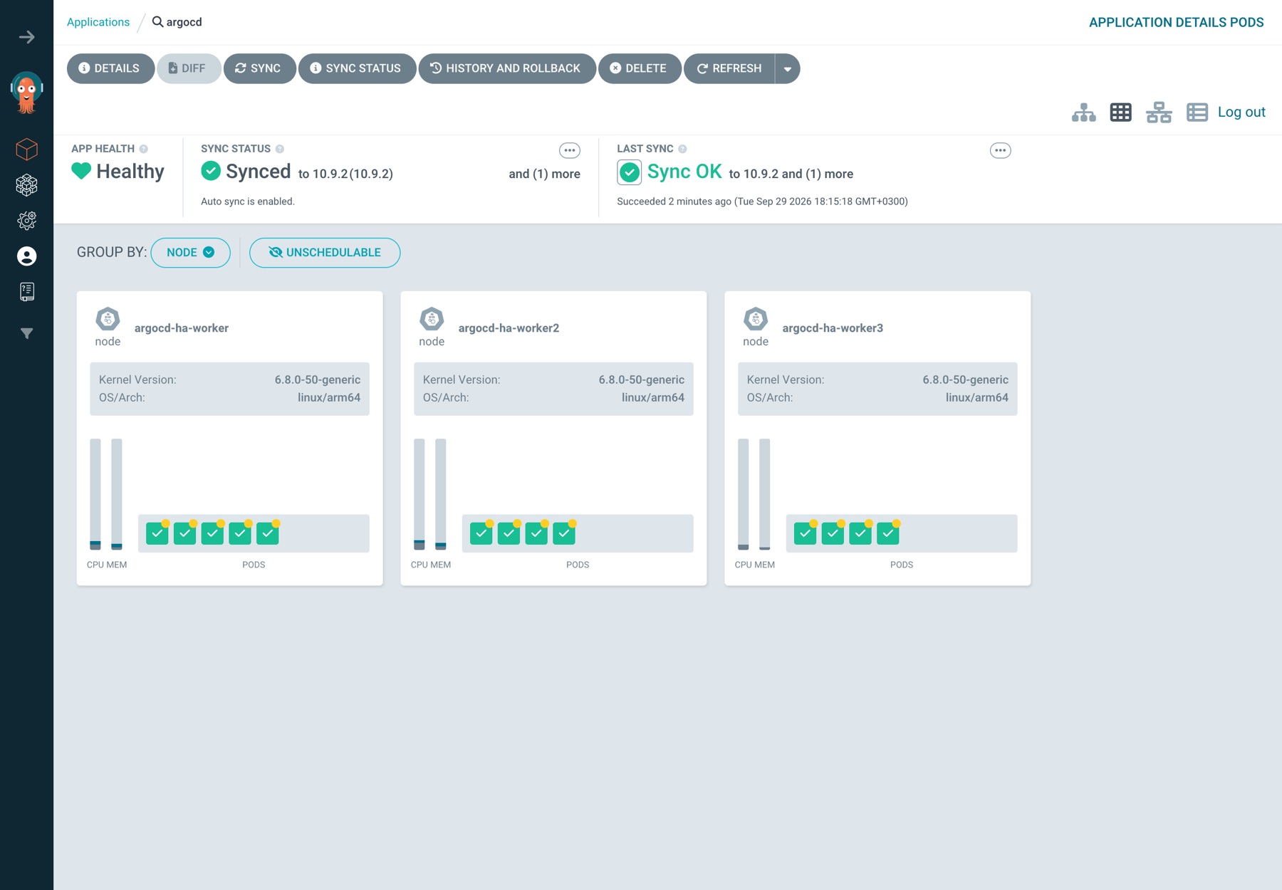 argocd Application'ının Pods görünümü, node'a göre gruplanmış: argocd-ha-worker'da 5, worker2'de 4, worker3'te 4 pod