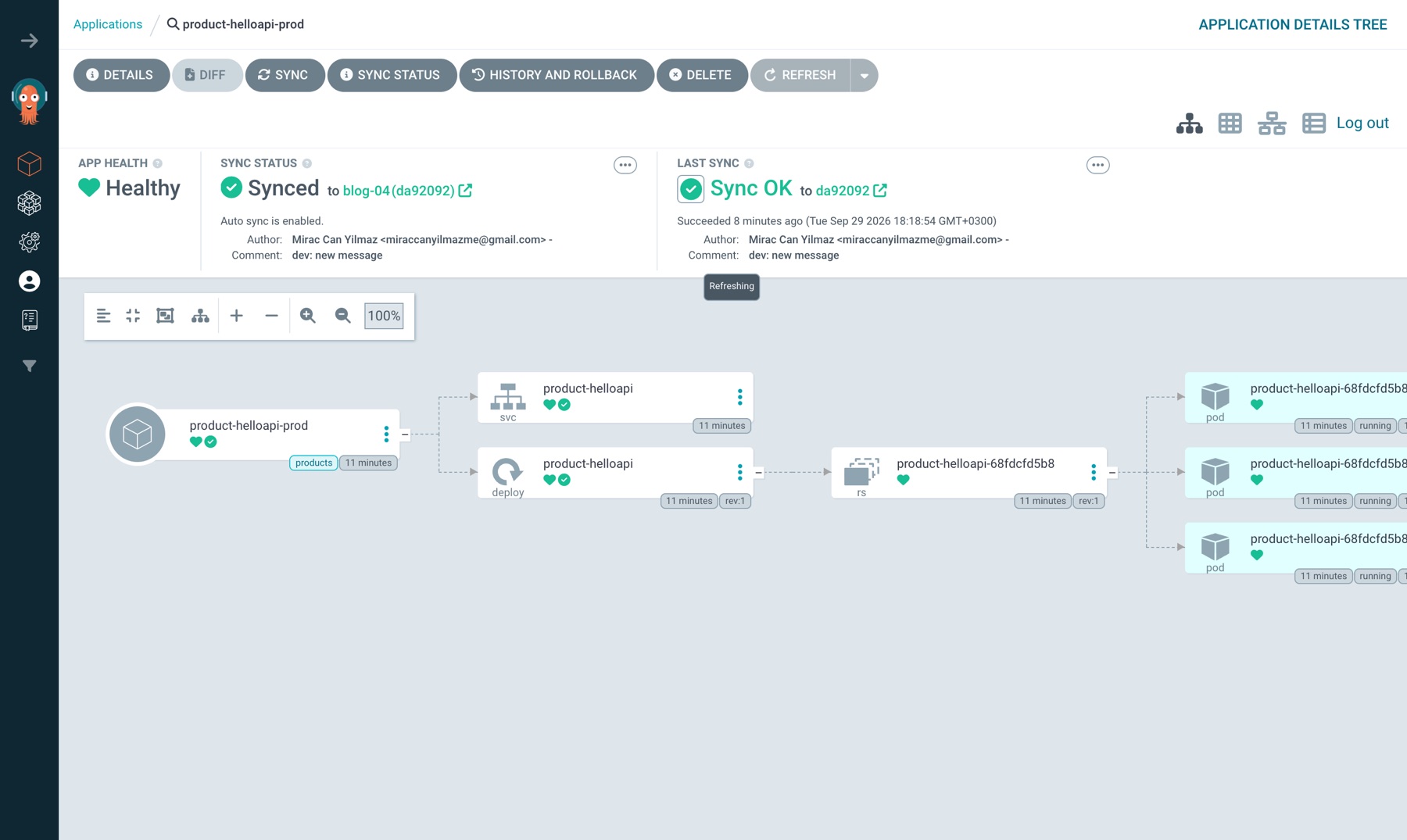 Node ölüyken Hard Refresh: Refreshing rozeti takılı, Application Synced/Healthy görünüyor, son sync 8 dakika önce