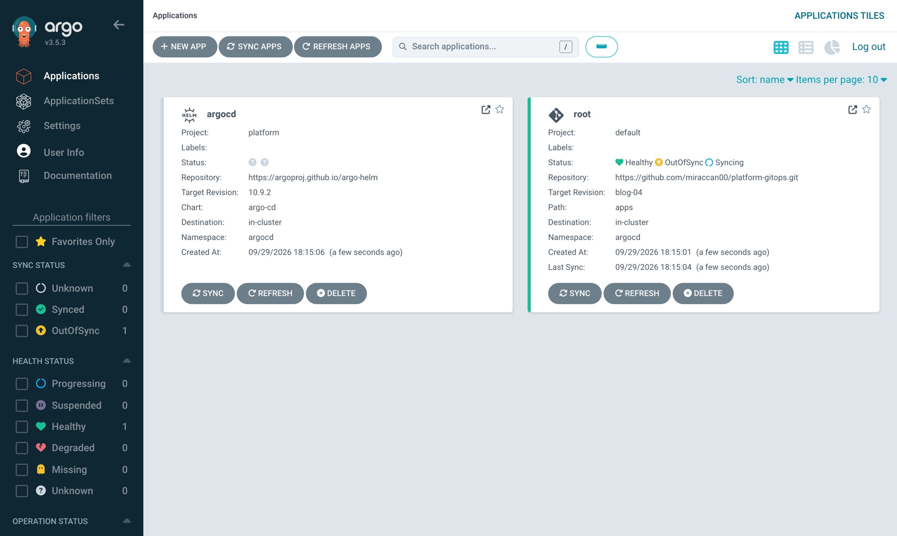 Apply'dan 5 saniye sonra: root Healthy/OutOfSync/Syncing, argocd Application'ı yeni oluşmuş
