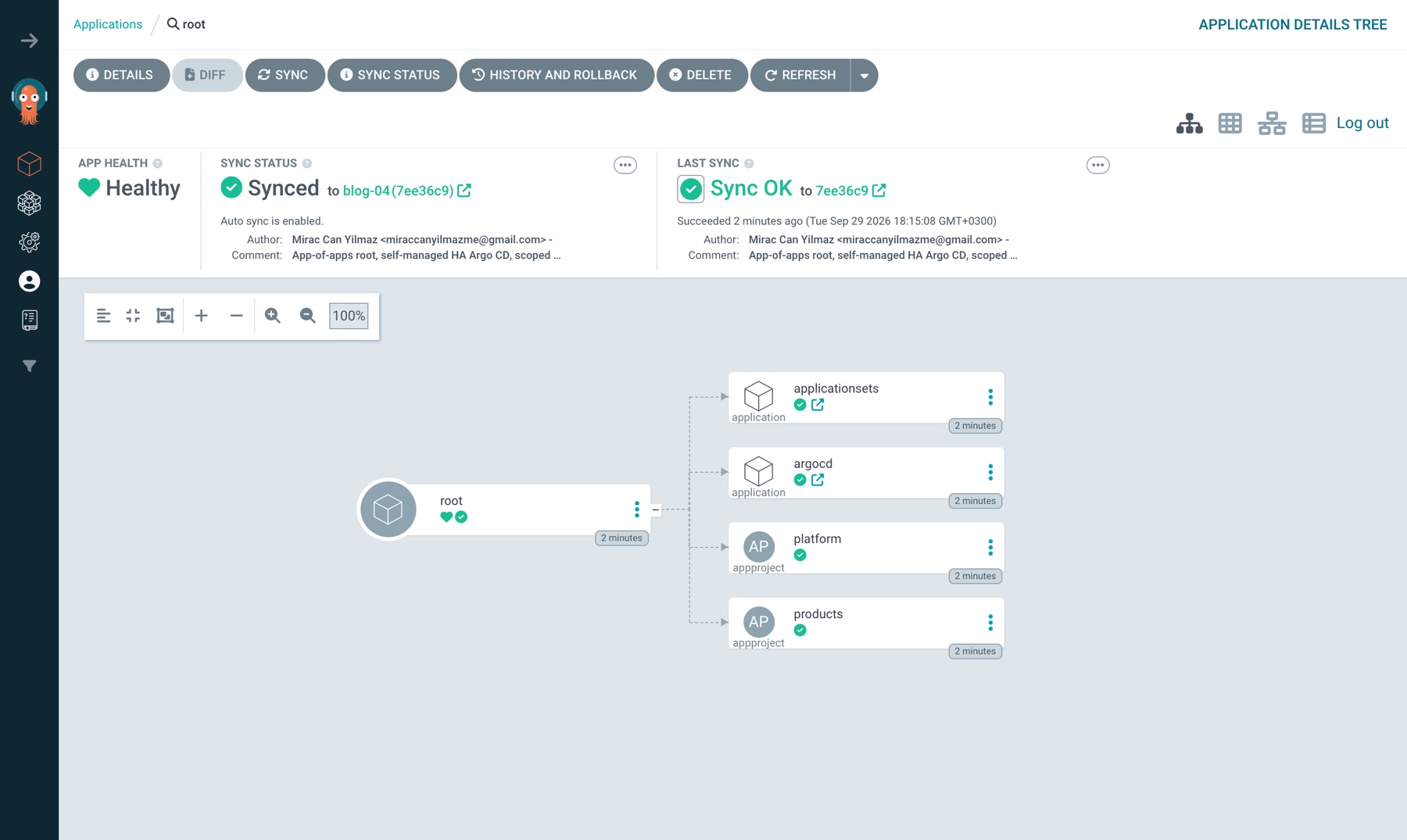 root Application'ının ağacı: applicationsets ve argocd Application'ları, platform ve products AppProject'leri