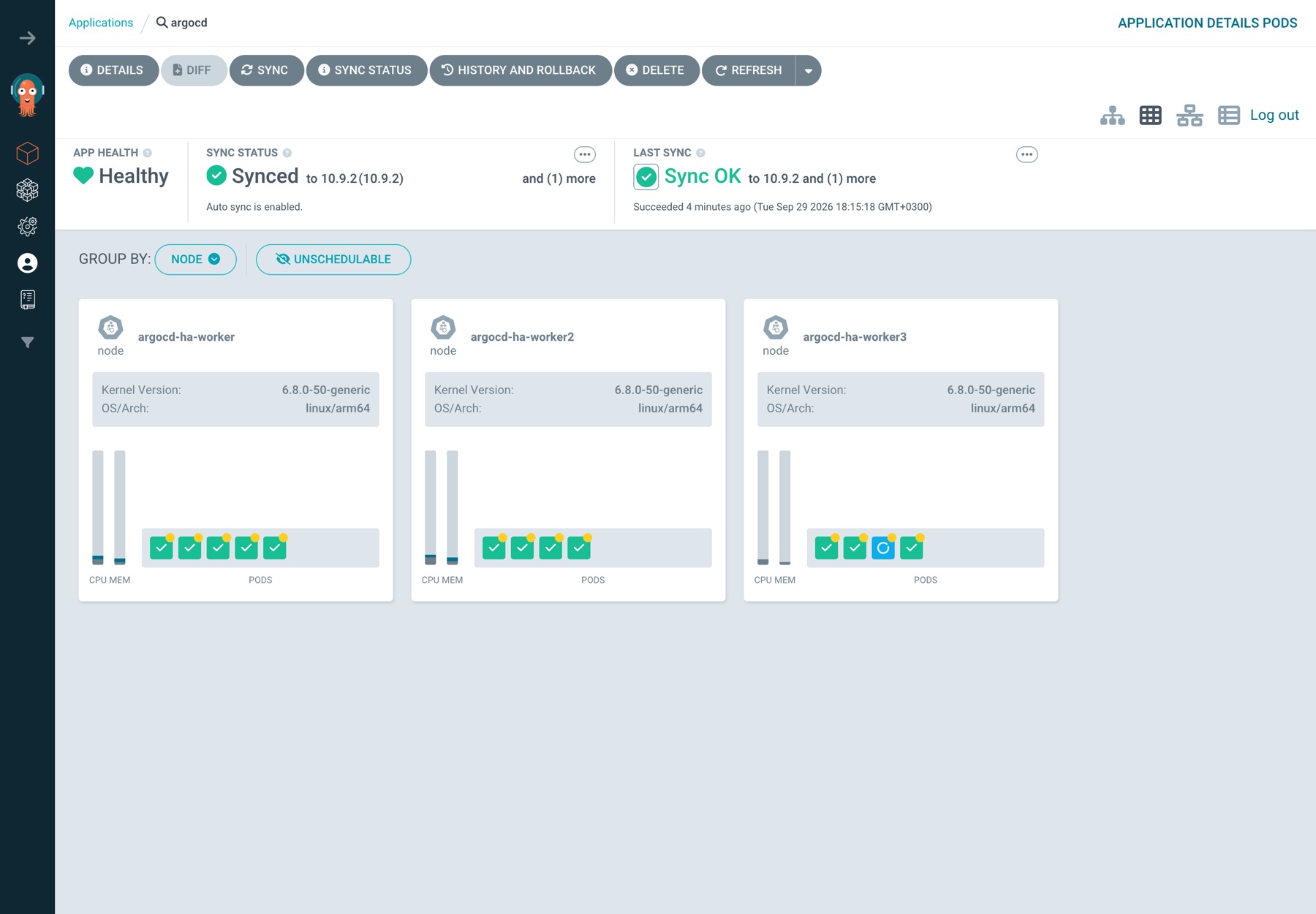 Redis master silindikten 1.5 saniye sonra Pods görünümü: argocd-ha-worker3'te bir pod Progressing, Application Healthy