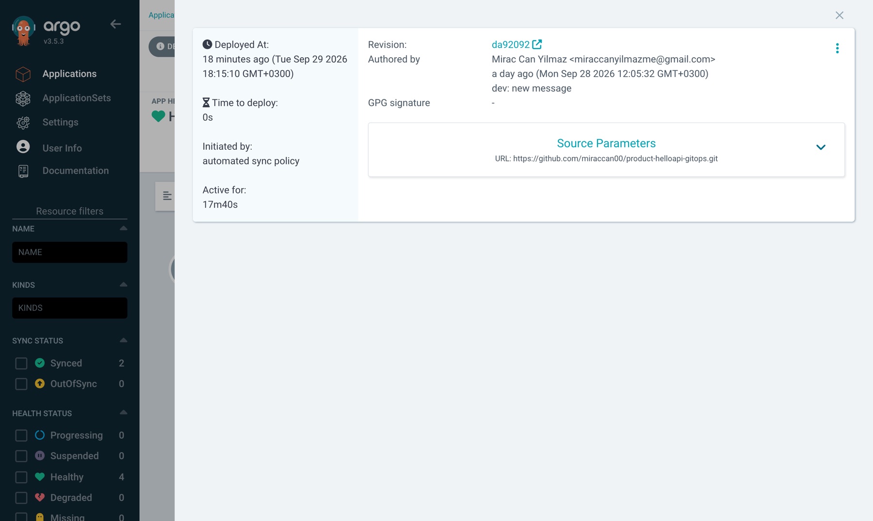 product-helloapi-dev History and Rollback paneli: revision da92092, "dev: new message", automated sync policy tarafından başlatıldı