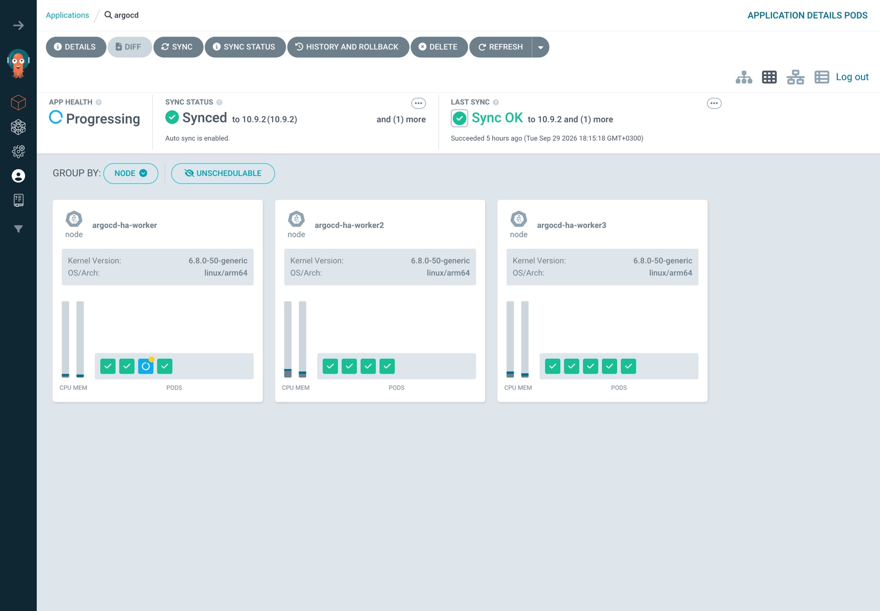 repo-server silindikten 1.5 saniye sonra Pods görünümü: yeni repo-server pod'u argocd-ha-worker'da Progressing, Application Synced