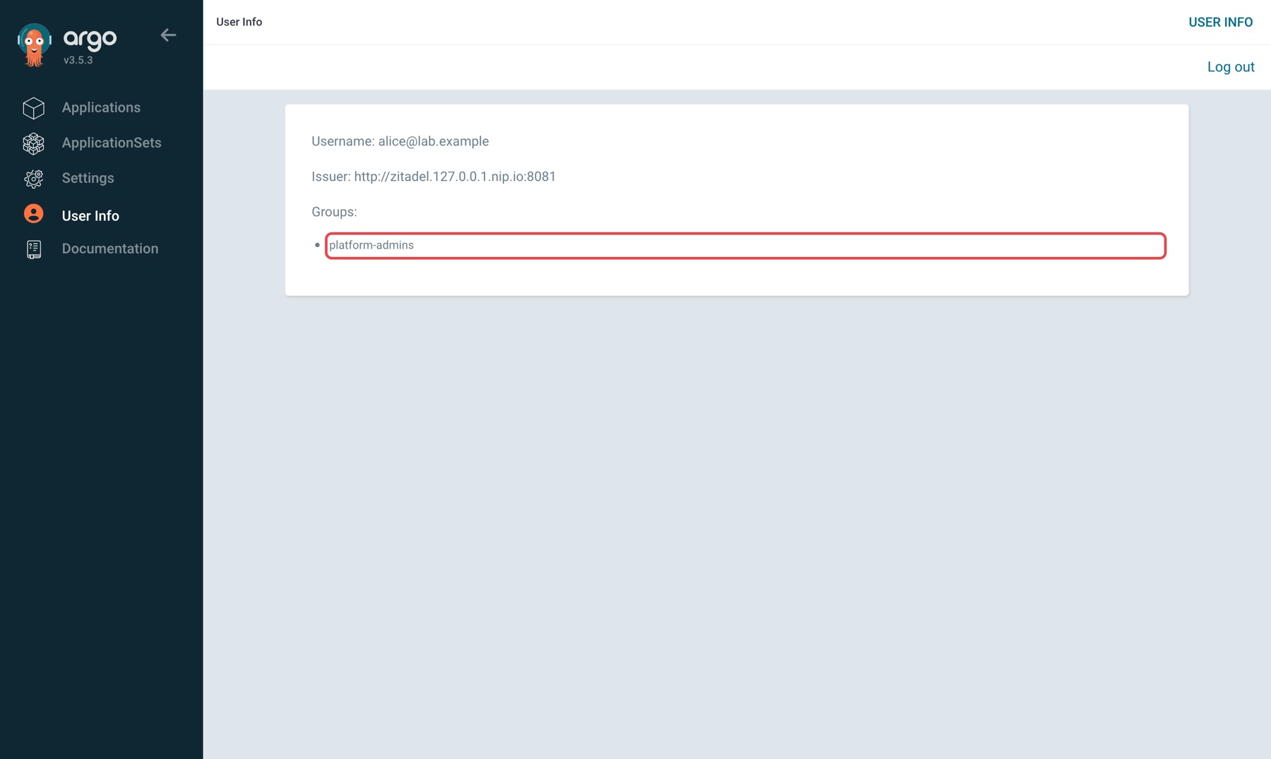 Argo CD User Info: alice@lab.example, issuer http://zitadel.127.0.0.1.nip.io:8081, grup platform-admins