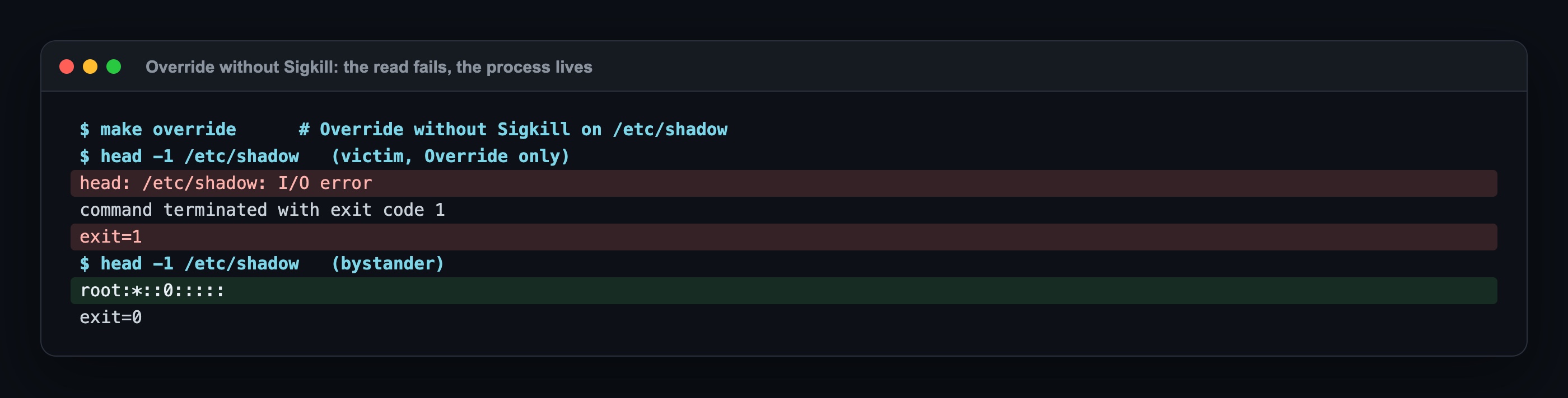 Override without Sigkill: in victim head prints /etc/shadow: I/O error and exits with 1; in bystander the first line of /etc/shadow is printed with exit 0