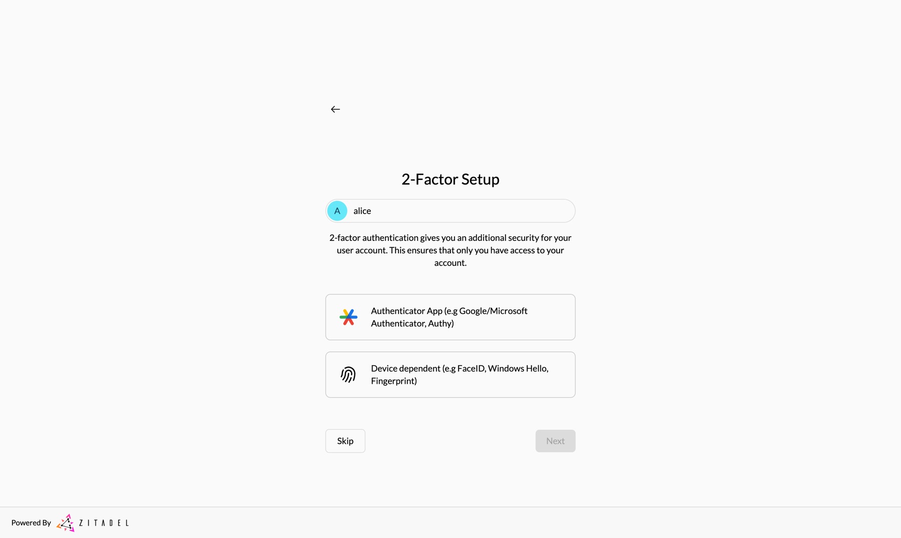 ZITADEL 2-Factor Setup ekranı: Authenticator App ve Device dependent seçenekleri, altta Skip düğmesi