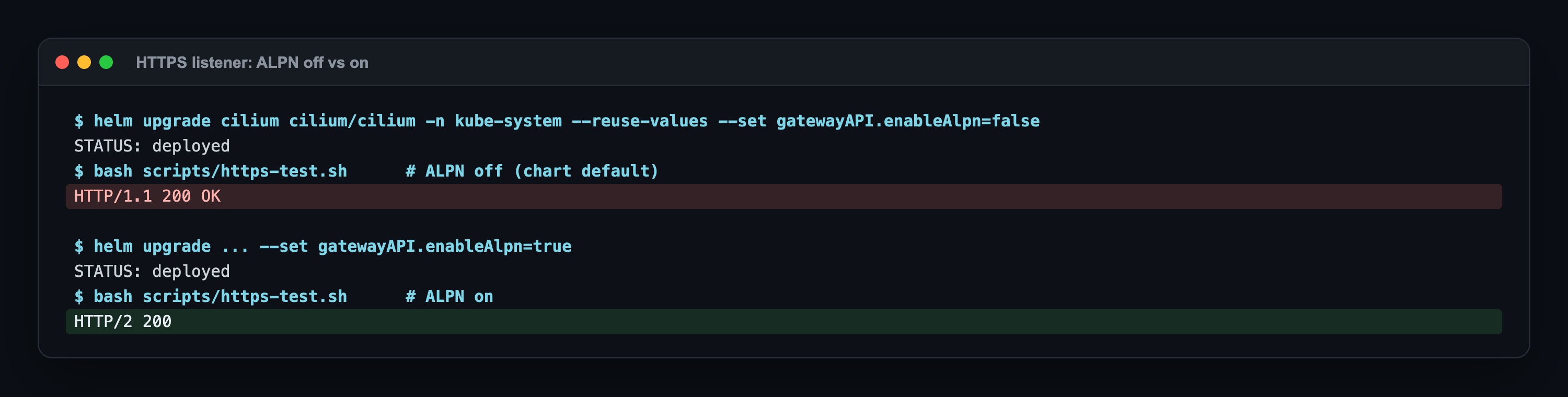 With enableAlpn false the HTTPS test returns HTTP/1.1 200 OK; after setting it to true and restarting the operator it returns HTTP/2 200