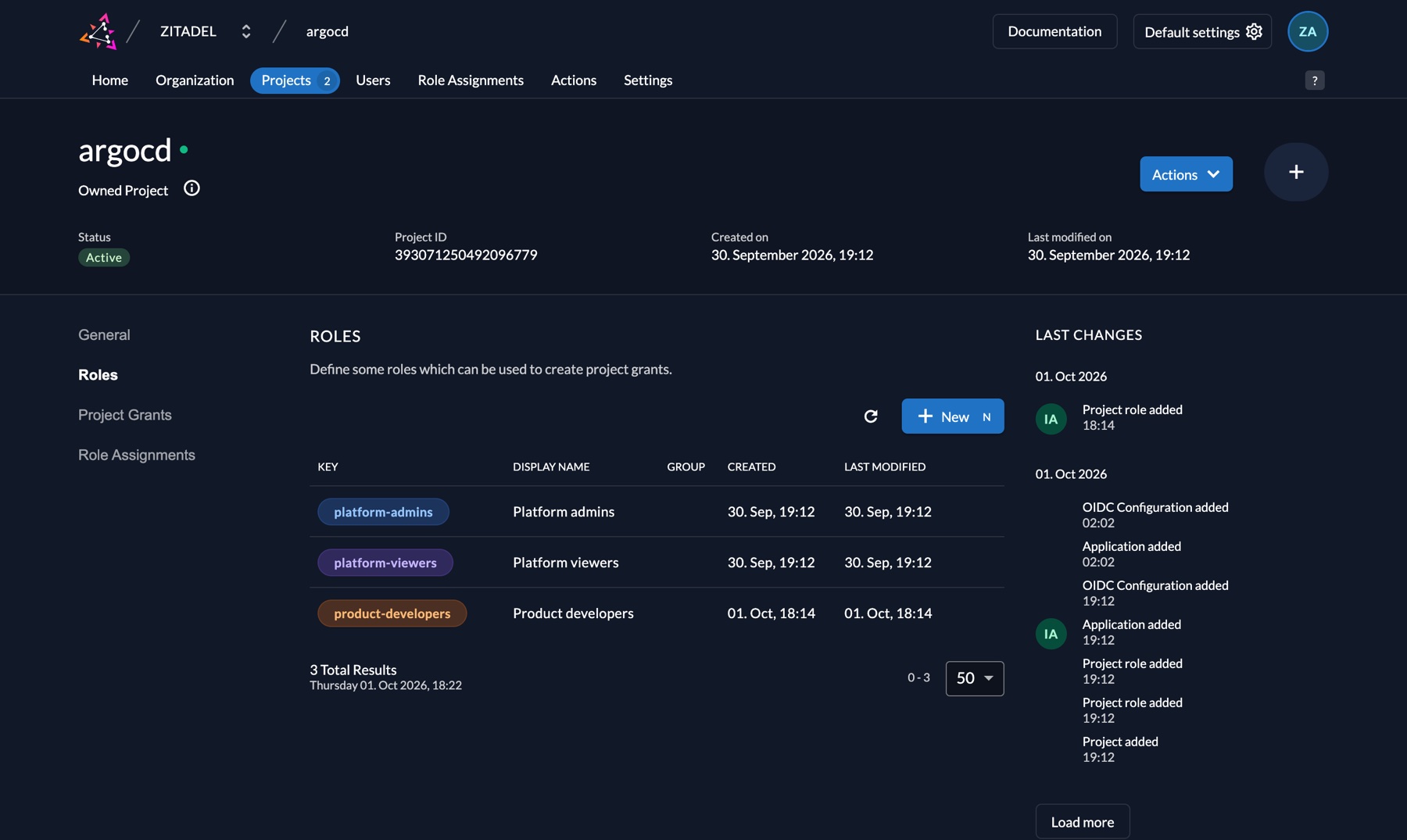 ZITADEL konsolunda argocd projesinin Roles sekmesi: platform-admins, platform-viewers ve product-developers rolleri