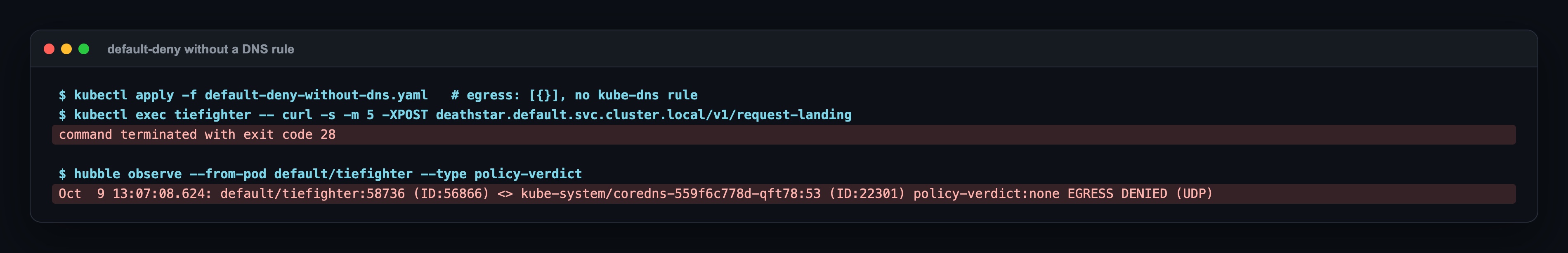 Default-deny without a DNS rule: curl exit code 28; Hubble shows EGRESS DENIED (UDP) from tiefighter to coredns:53