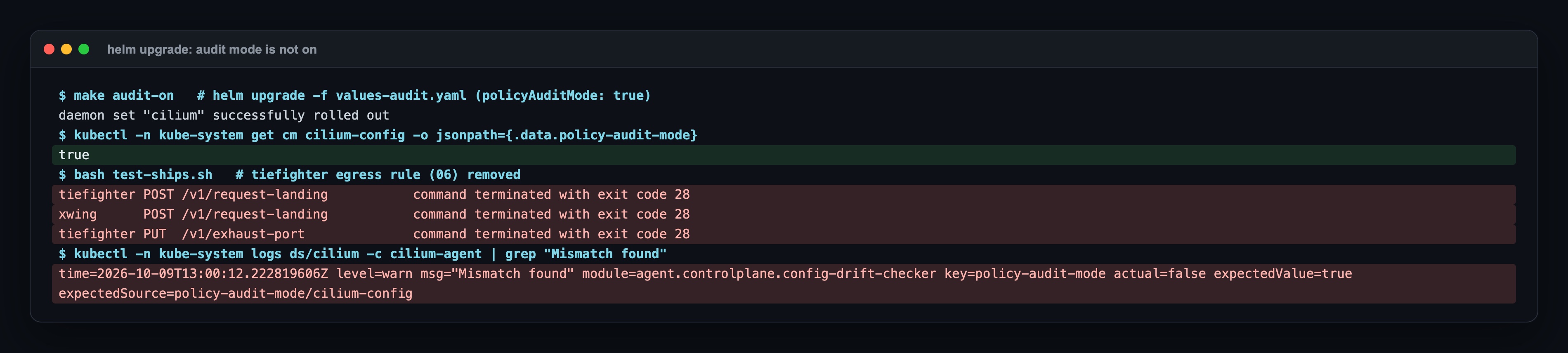 After make audit-on the ConfigMap has policy-audit-mode true, but all three requests time out; the agent log says Mismatch found key=policy-audit-mode actual=false