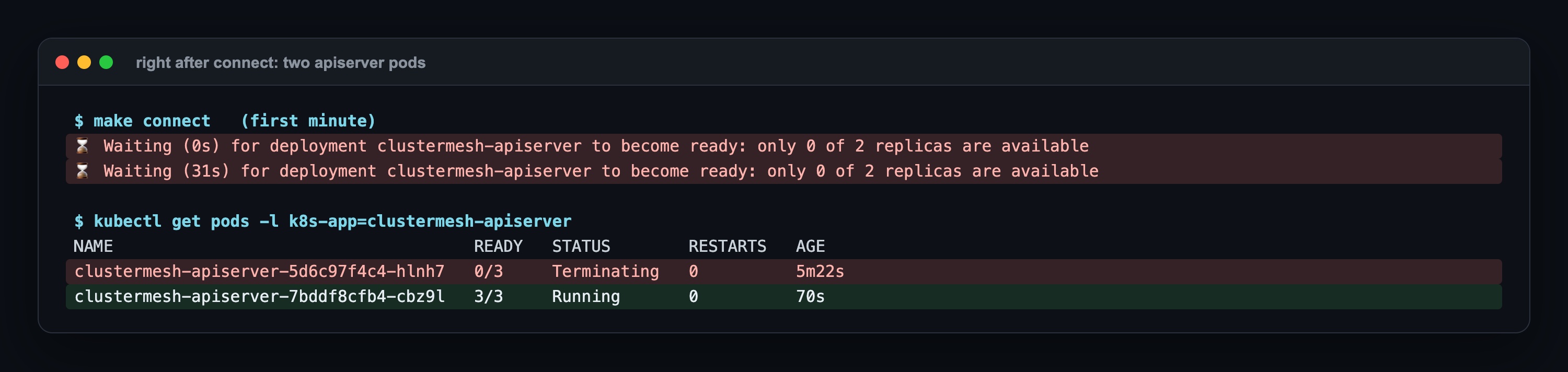 First minute of connect: Waiting for deployment clustermesh-apiserver, only 0 of 2 replicas available; the old pod 0 of 3 Terminating and the new pod 3 of 3 Running