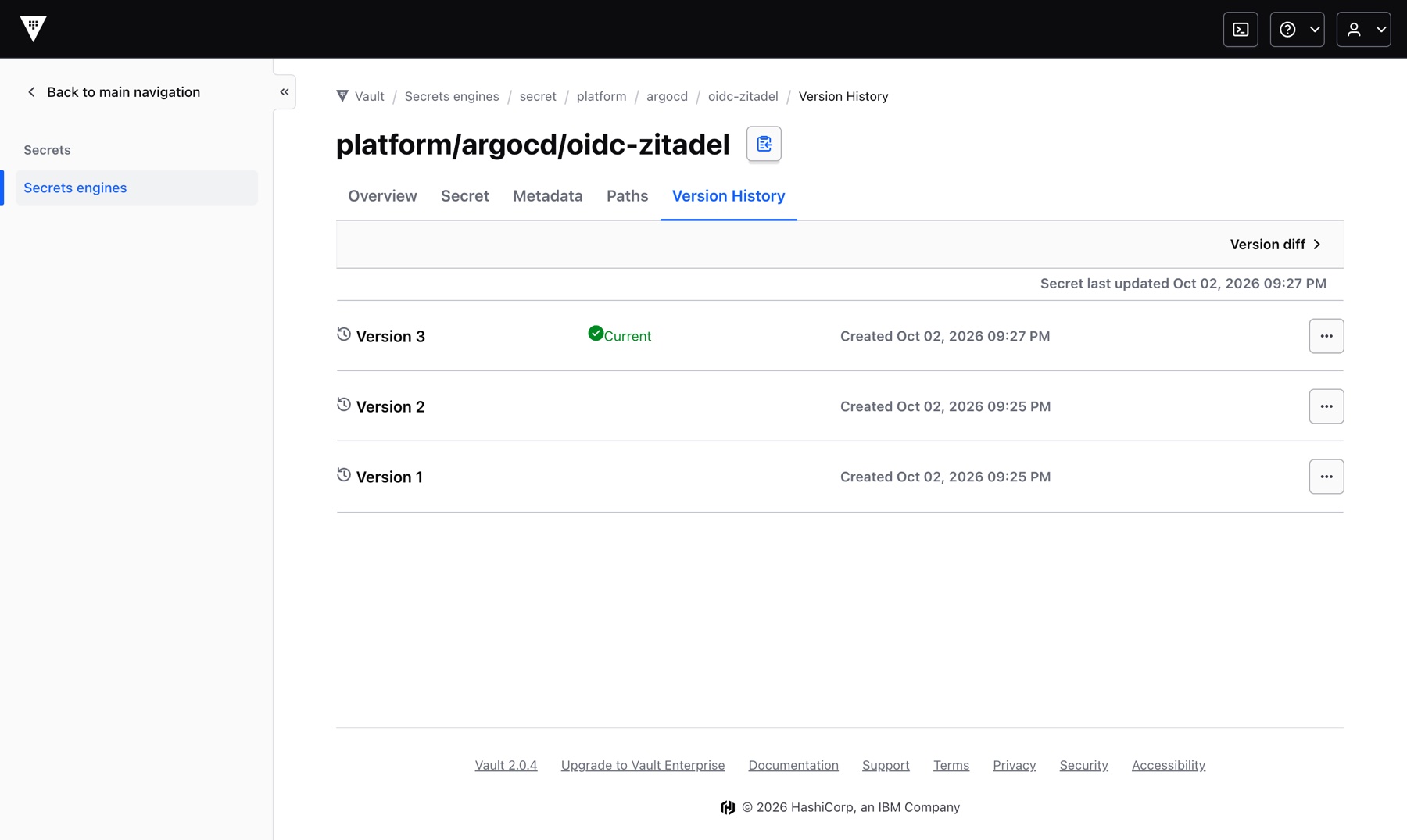 Vault UI'da platform/argocd/oidc-zitadel Version History: üç sürüm, Version 3 Current