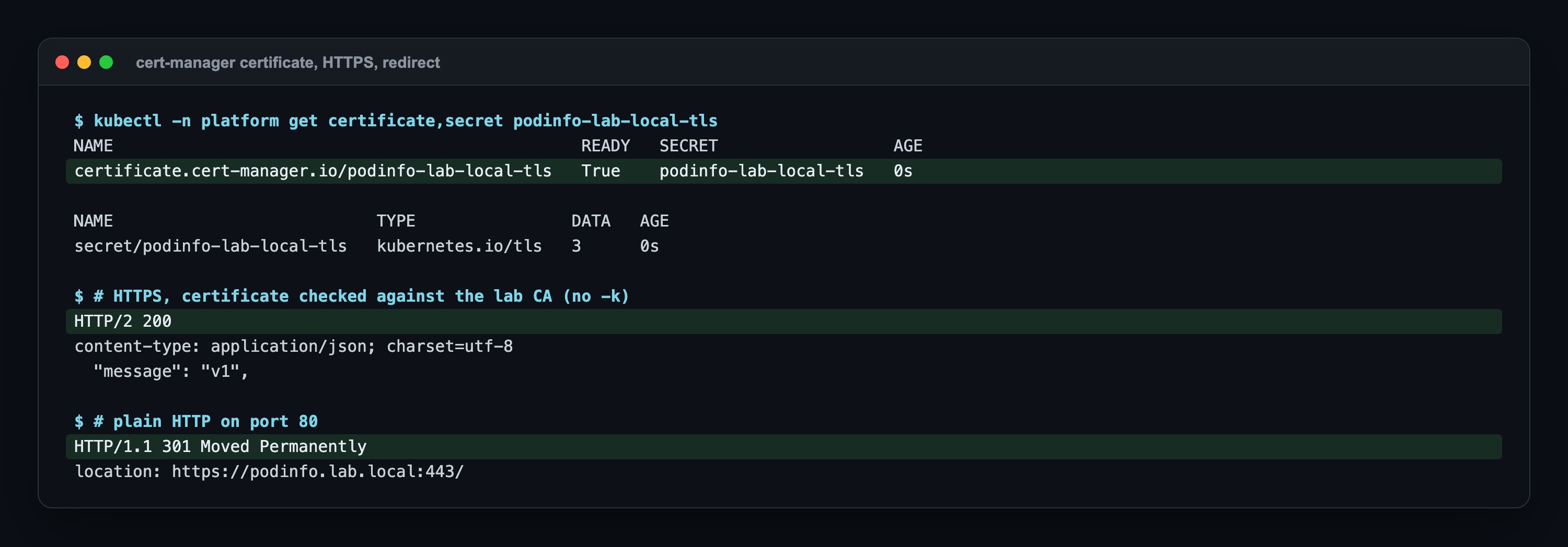 The certificate podinfo-lab-local-tls is Ready and its Secret exists; HTTPS returns HTTP/2 200 from v1; plain HTTP on port 80 returns 301 Moved Permanently with location https://podinfo.lab.local:443/