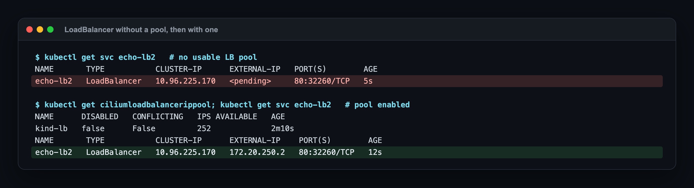 LoadBalancer Service: EXTERNAL-IP pending with no pool; 172.20.250.2 once the kind-lb pool is active