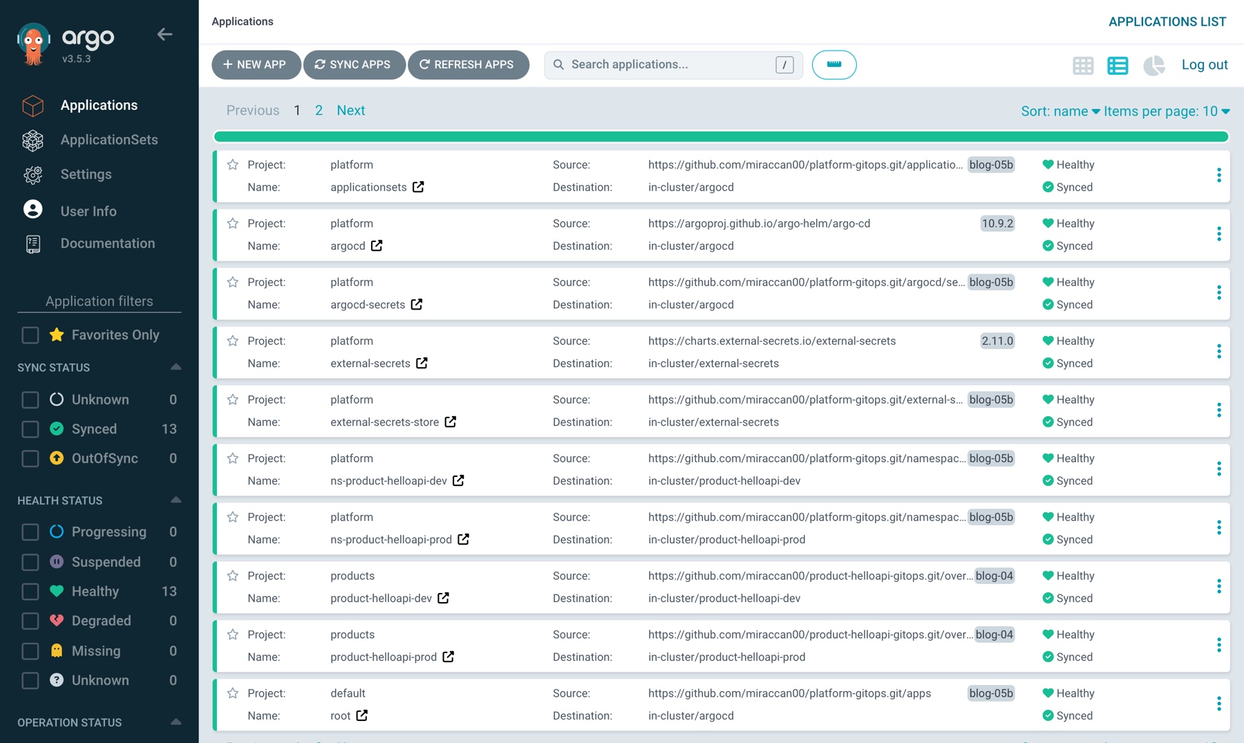 Argo CD liste görünümü: 13 Application, aralarında argocd-secrets, external-secrets, external-secrets-store ve vault; kenar çubuğunda Synced 13, Healthy 13