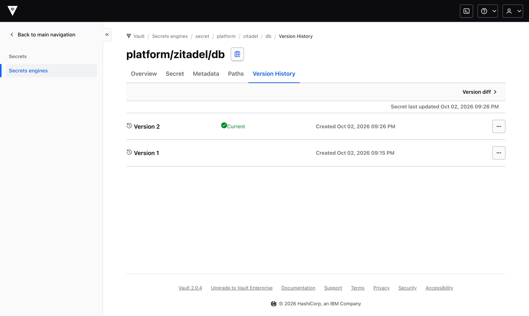 Vault UI'da platform/zitadel/db Version History: Version 2 Current, Version 1 bir önceki değer