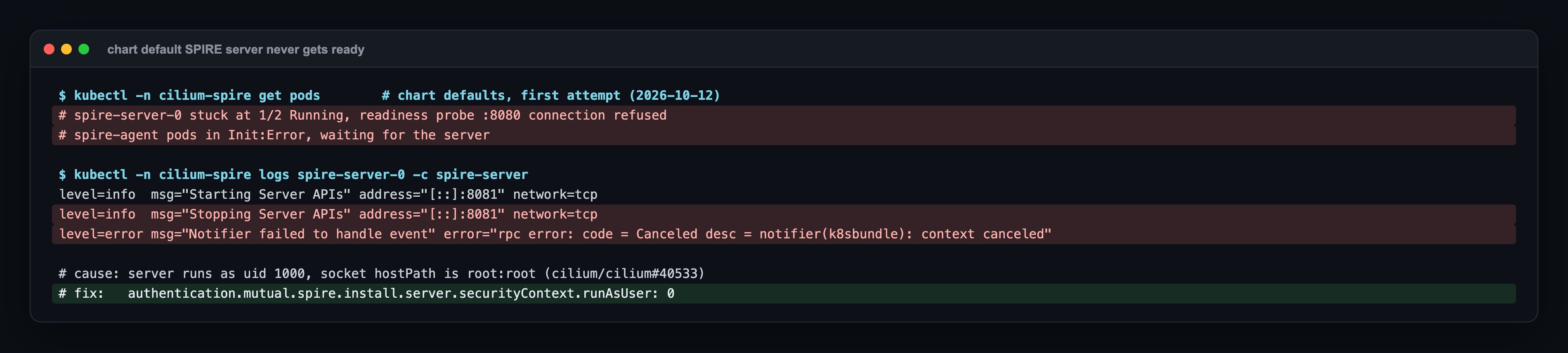 First attempt: spire-server-0 stuck at 1/2 with the readiness probe refused, agents in Init:Error; log Starting Server APIs then Stopping Server APIs and Notifier failed; cause uid 1000 vs a root socket path, fix runAsUser 0