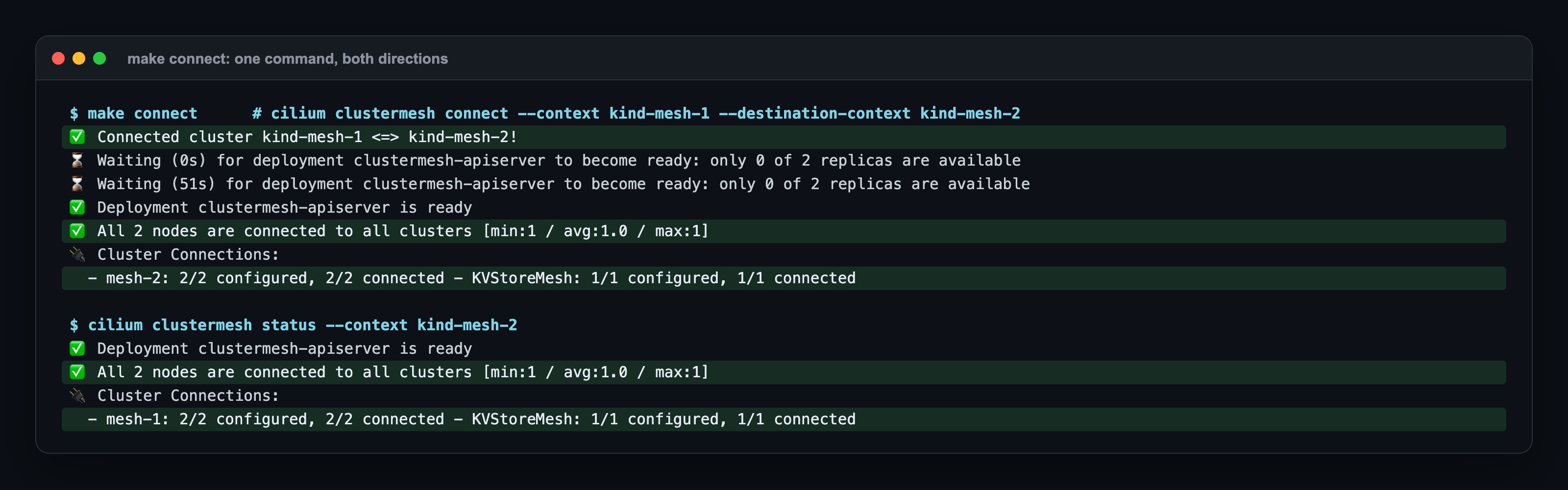 make connect: Connected cluster kind-mesh-1 and kind-mesh-2, apiserver ready after waiting about a minute, All 2 nodes are connected to all clusters, and in the status of both clusters 2 of 2 configured, 2 of 2 connected
