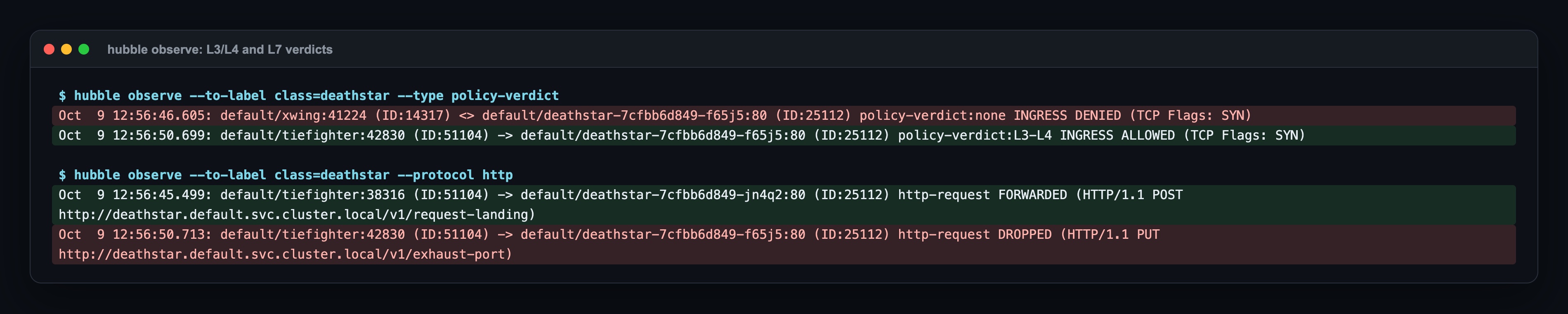 hubble observe: INGRESS DENIED from xwing to deathstar, INGRESS ALLOWED from tiefighter; in the http lines POST request-landing FORWARDED, PUT exhaust-port DROPPED