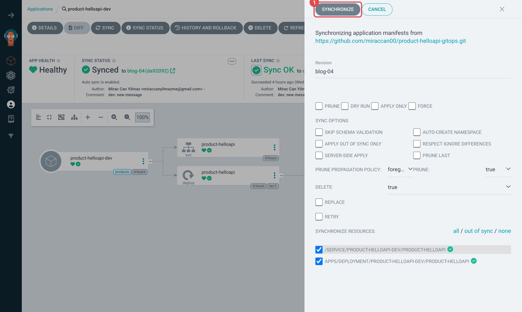 bob olarak product-helloapi-dev'in Sync paneli, SYNCHRONIZE düğmesi işaretli