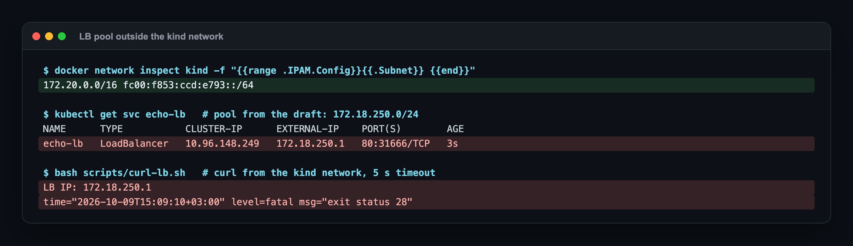 Docker kind network 172.20.0.0/16; the Service got 172.18.250.1 but curl timed out after 5 s with exit status 28