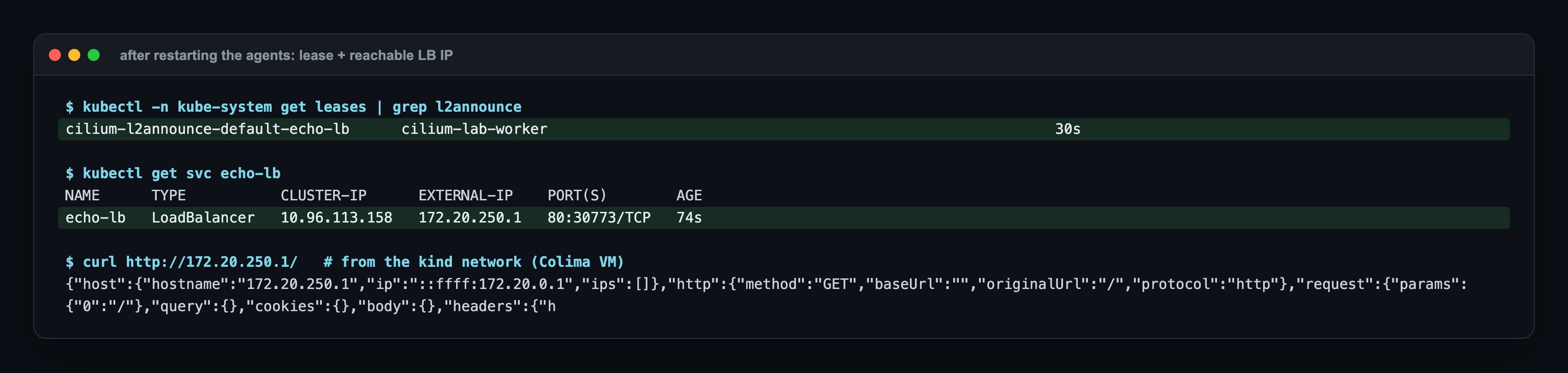 L2 working: the cilium-l2announce-default-echo-lb lease on cilium-lab-worker; the echo-lb Service on 172.20.250.1; curl from the kind network returned the echo service's JSON