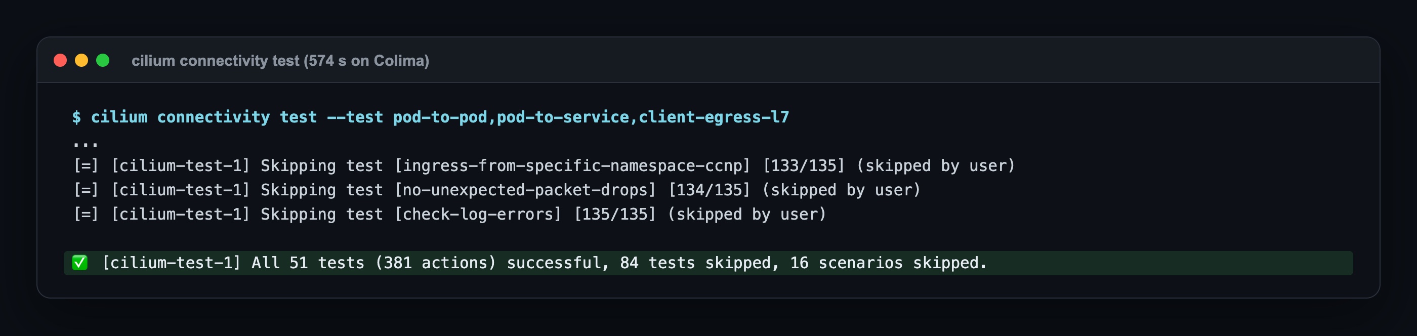 cilium connectivity test: All 51 tests (381 actions) successful, 84 tests skipped