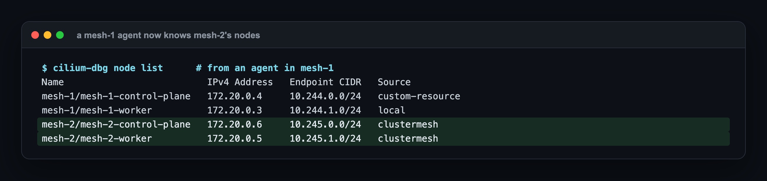 cilium-dbg node list from a mesh-1 agent: four nodes, the two mesh-2 nodes with endpoint CIDRs 10.245.0.0/24 and 10.245.1.0/24 and Source clustermesh