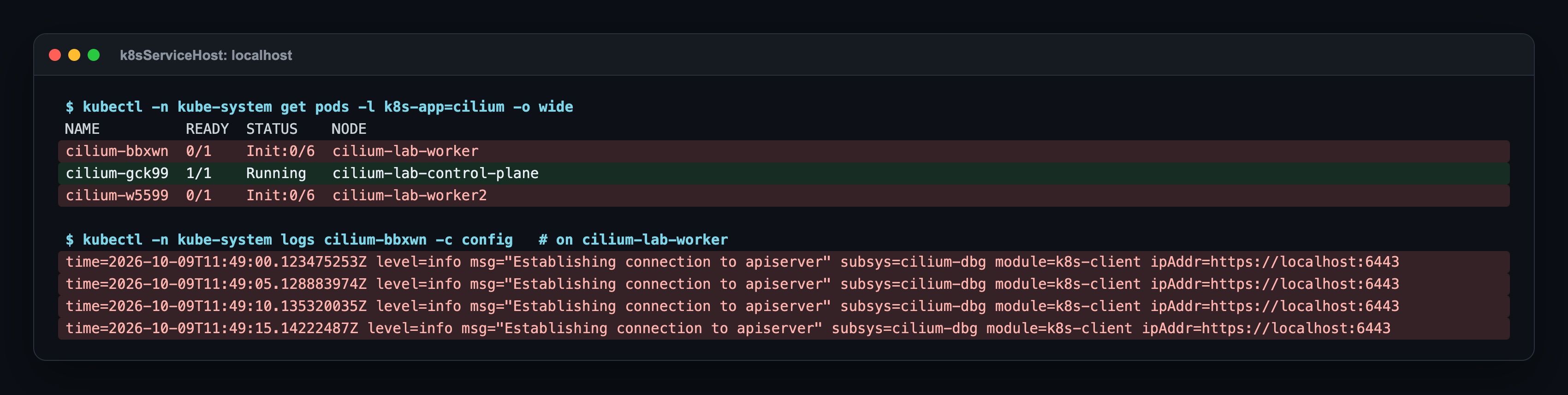k8sServiceHost localhost: two agents on the workers at Init:0/6, the one on the control plane Running; the init log retries localhost:6443 every 5 seconds