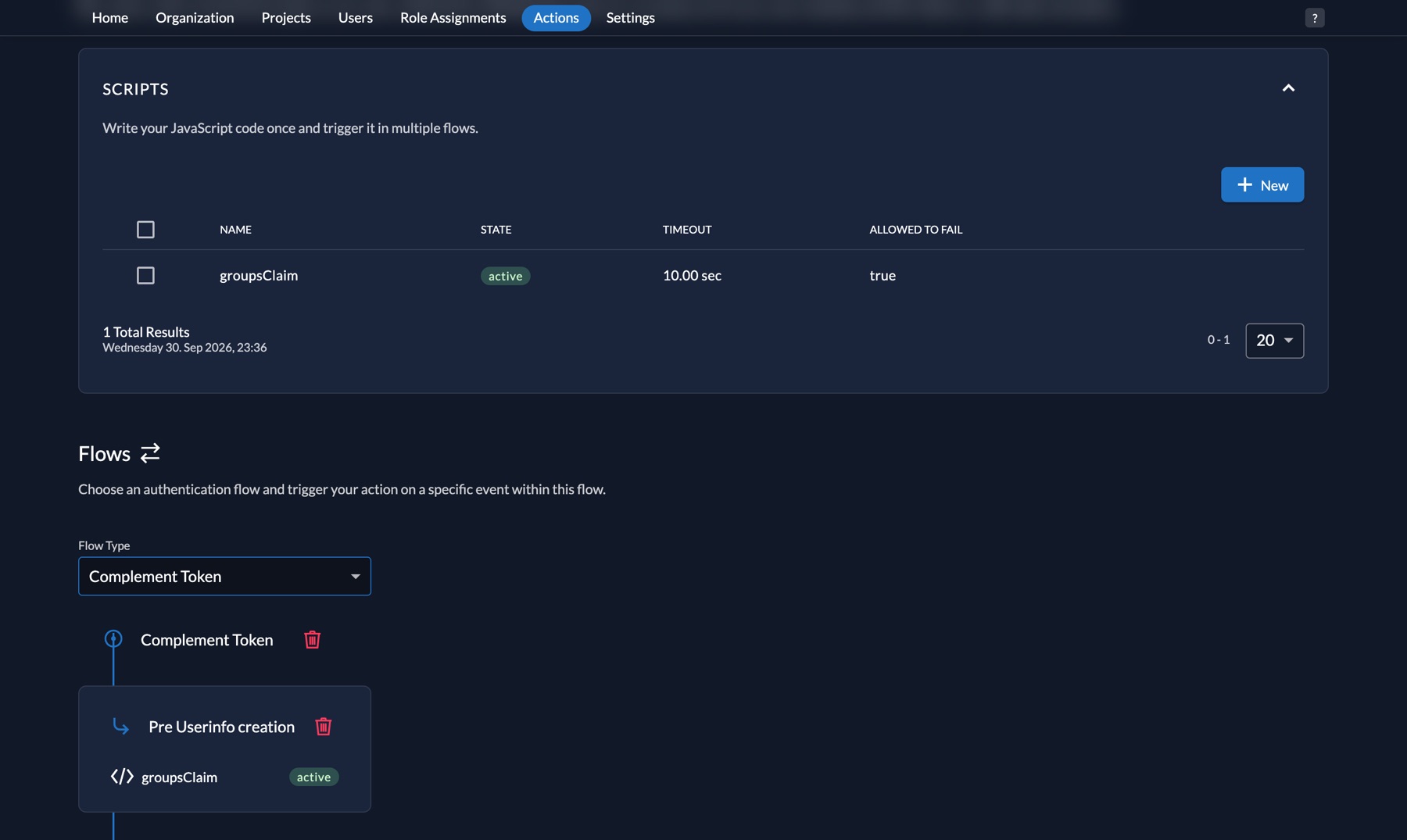 ZITADEL Flows: Complement Token akışında Pre Userinfo creation adımına bağlı groupsClaim