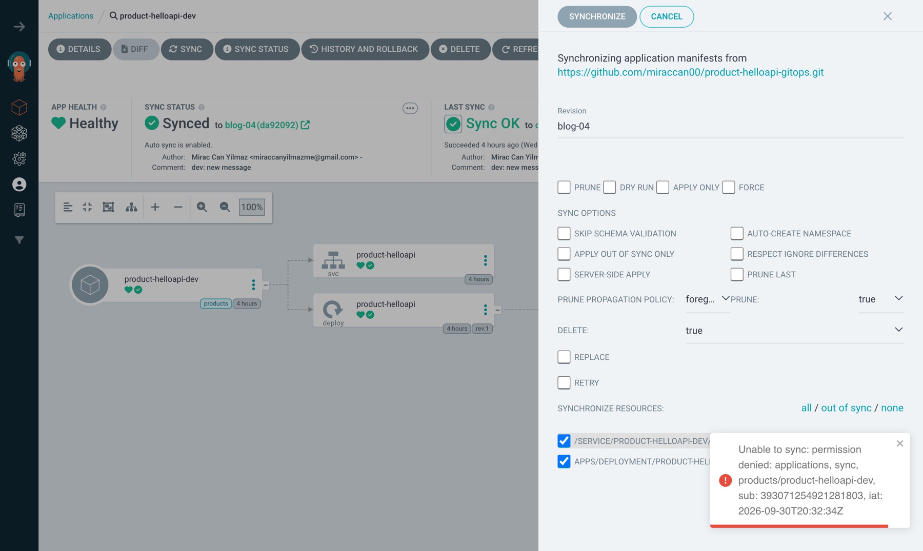 Sync reddi: Unable to sync: permission denied: applications, sync, products/product-helloapi-dev