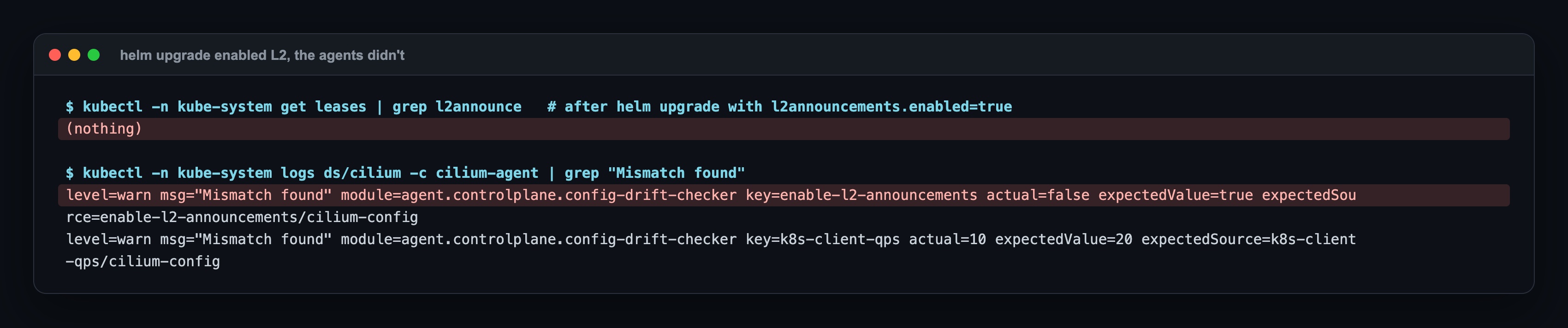 After helm upgrade there is no l2announce lease; the agent log says Mismatch found: enable-l2-announcements actual=false expectedValue=true