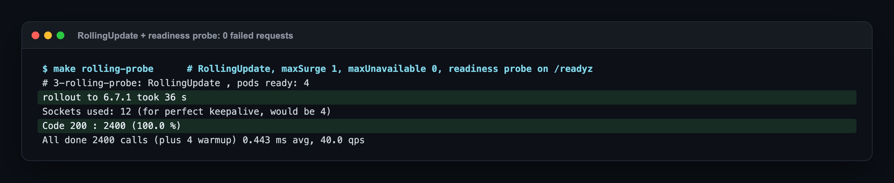 make rolling-probe: 6.7.1'e rollout 36 sn sürdü; Code 200 2400 (%100,0)