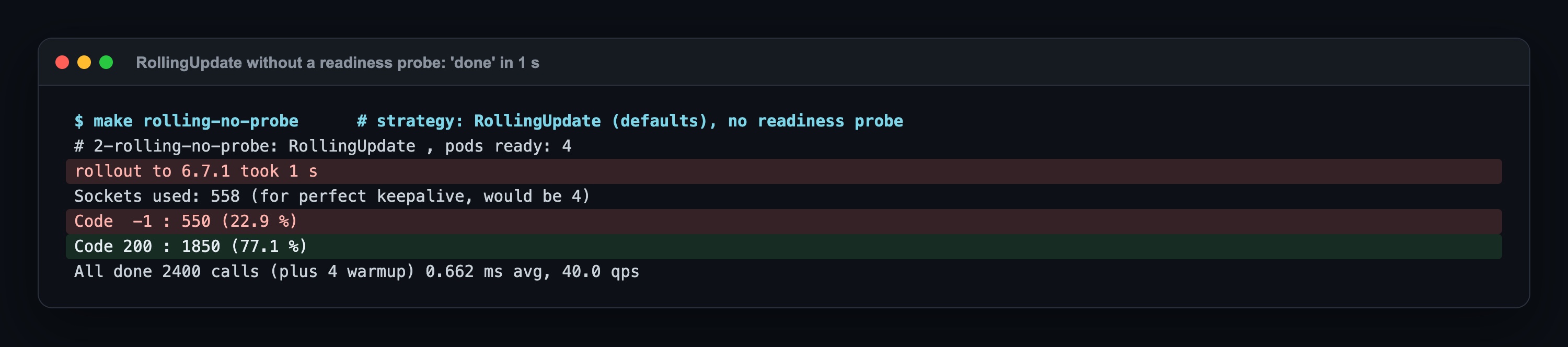 make rolling-no-probe: 6.7.1'e rollout 1 sn sürdü; Code -1 550 (%22,9), Code 200 1850 (%77,1)