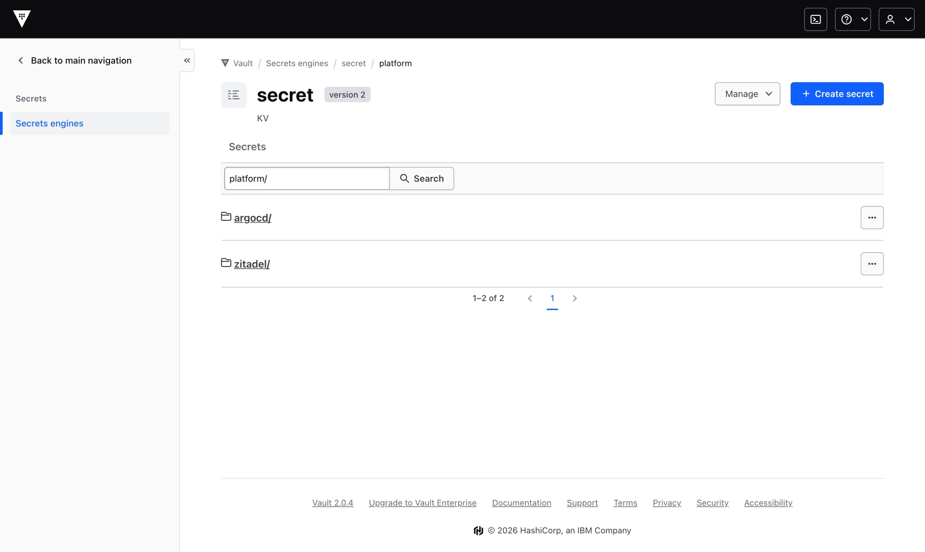 Vault UI'da secret KV motoru, platform/ altında argocd/ ve zitadel/ dizinleri